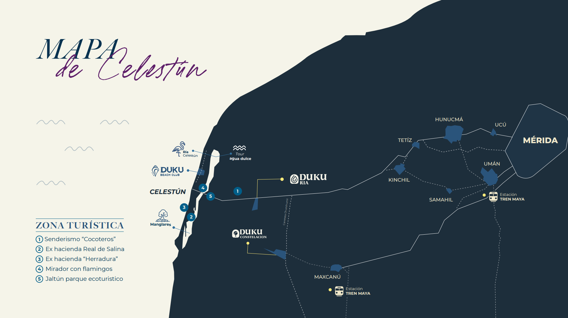 Mapa de Celestún con ubicación de DUKU y zona turística