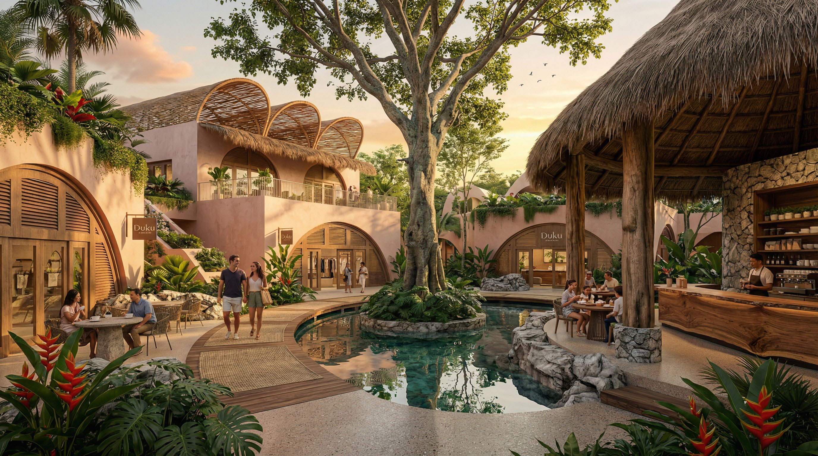 Área social y comercial de DUKU Cancún