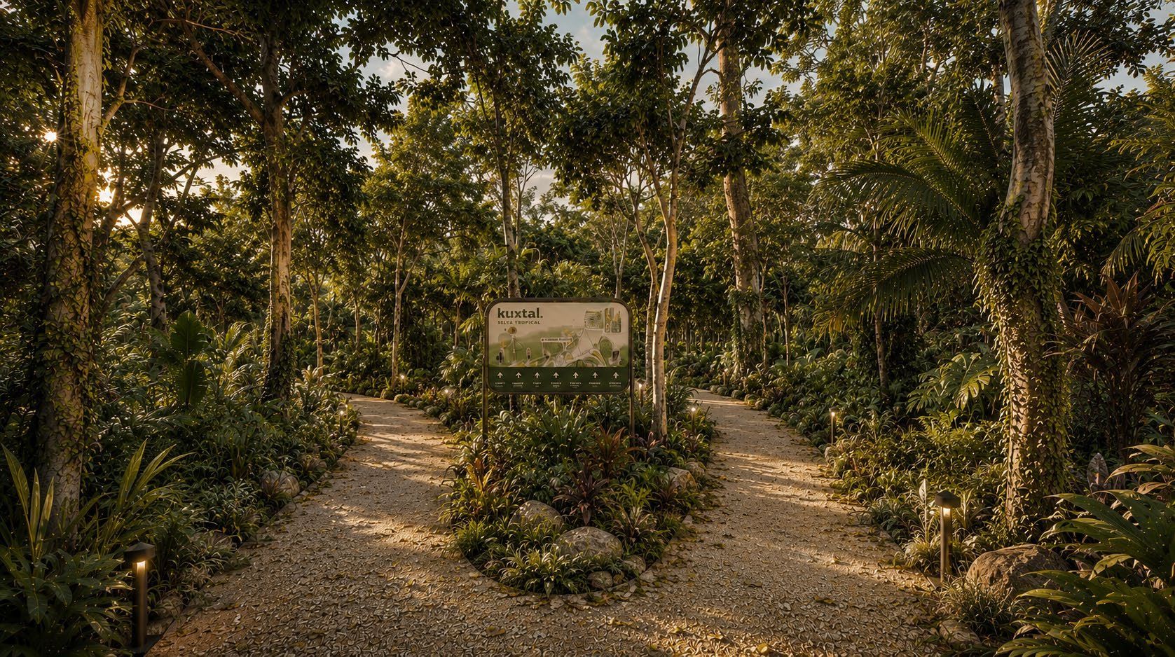 Acceso escultórico inmerso en vegetación